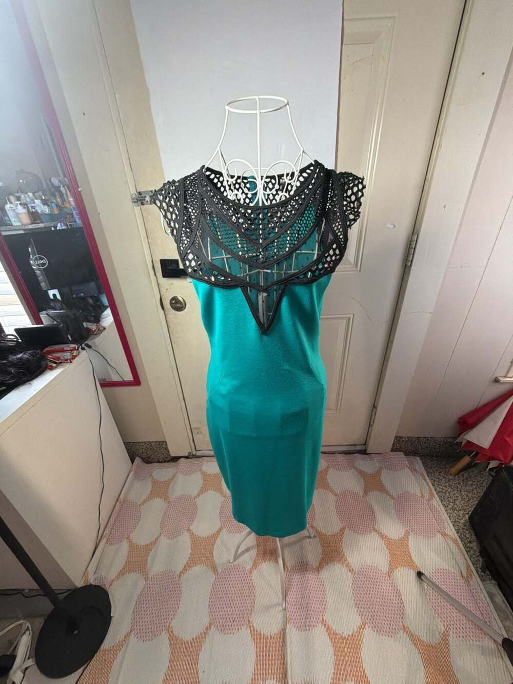 Buffalo David Bitton Teal Blue Dress with Black Cutout Mesh Yoke
